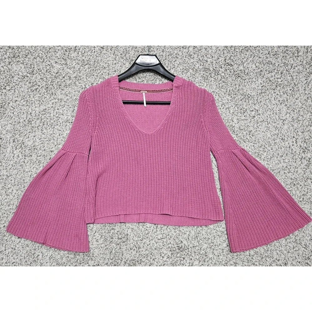 Free People Cropped Sweater Womens Sm Pink Damsel Bell‎ Sleeve V-Neck Knit Boho